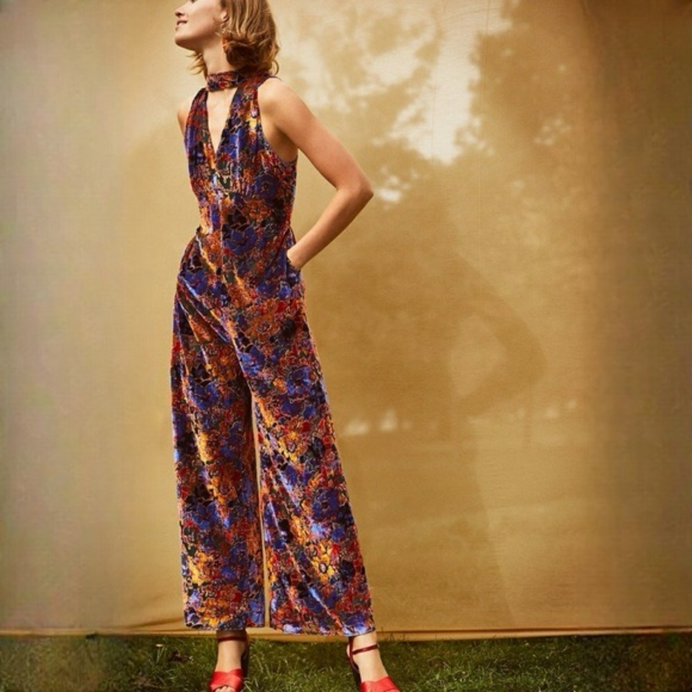 Anthropologie Maeve Ava Velvet Burnout Jumpsuit in Blue Motif Sz 2